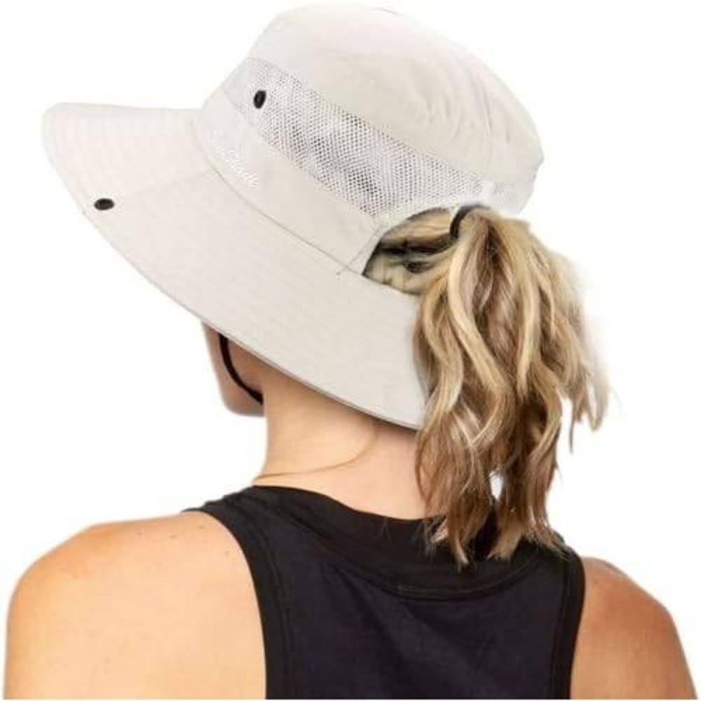 Sun Shade Ponytail Sun Hat Wide Brim UPF 50+ Mesh Safari Bucket Hat Beige